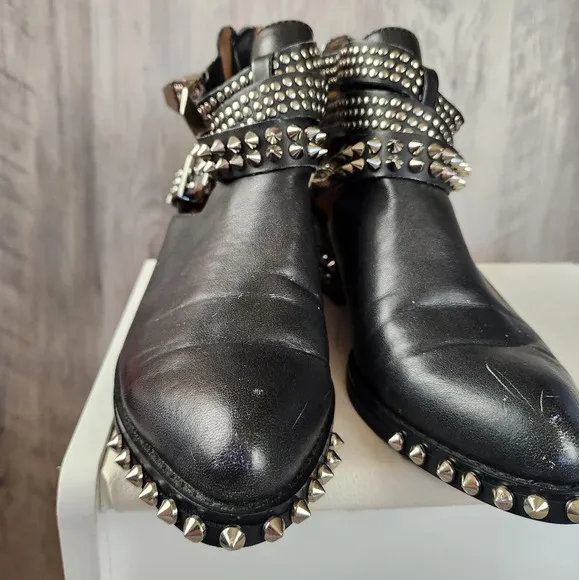 Jeffrey Campbell Everly Silver Spike  Embellished Buckle Boots Black Washed Sz 7