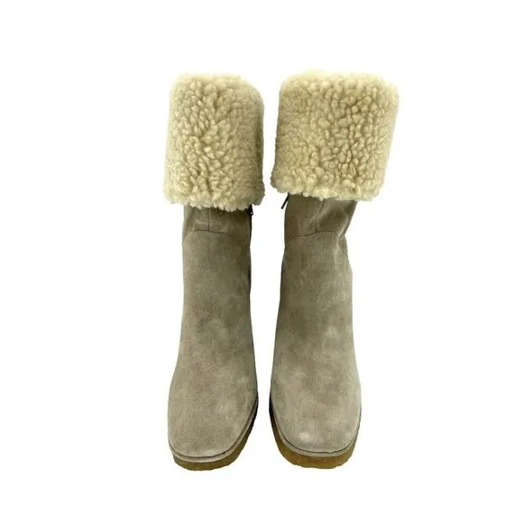 Jeffrey Campbell Suede Leather Wedge Boots Shearling Fur Tan 7.5 New $285