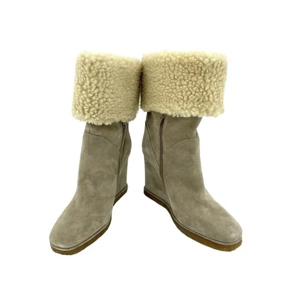 Jeffrey Campbell Suede Leather Wedge Boots Shearling Fur Tan 7.5 New $285