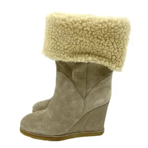 Jeffrey Campbell Suede Leather Wedge Boots Shearling Fur Tan 7.5 New $285