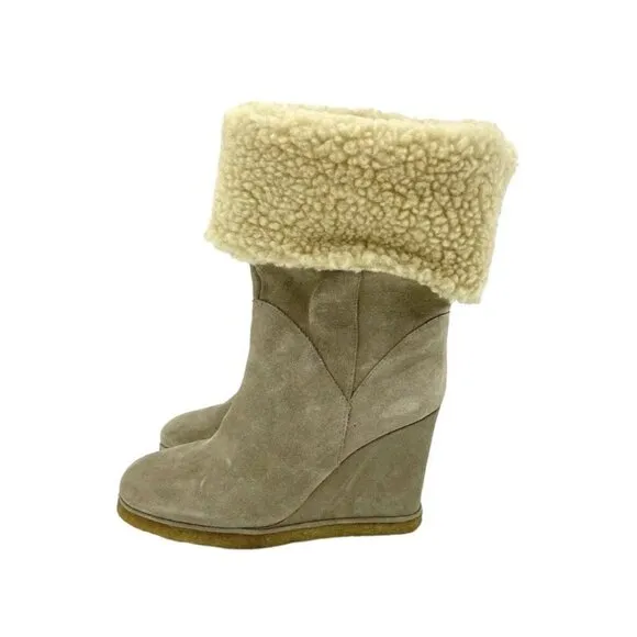 Jeffrey Campbell Suede Leather Wedge Boots Shearling Fur Tan 7.5 New $285
