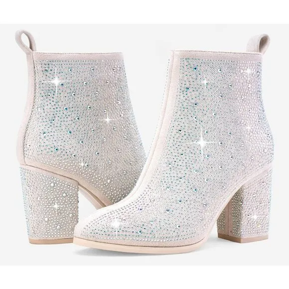 Jeossy Women's Sparkly Rhinestone-9637a-nude Faux Leather Ankle Heels Boots