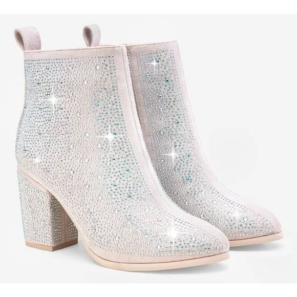 Jeossy Women's Sparkly Rhinestone-9637a-nude Faux Leather Ankle Heels Boots