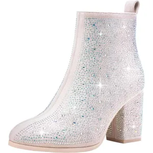 Jeossy Women's Sparkly Rhinestone-9637a-nude Faux Leather Ankle Heels Boots