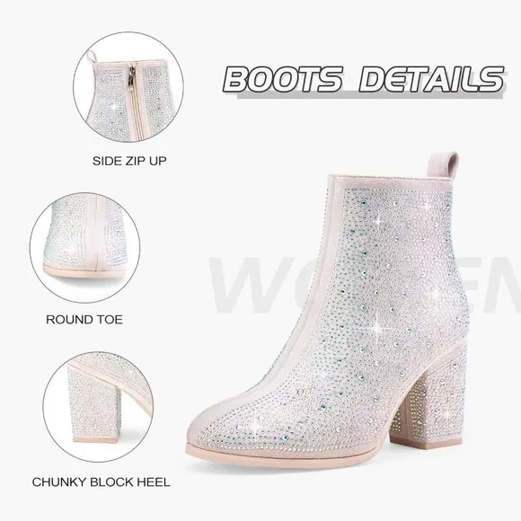 Jeossy Women's Sparkly Rhinestone-9637a-nude Faux Leather Ankle Heels Boots