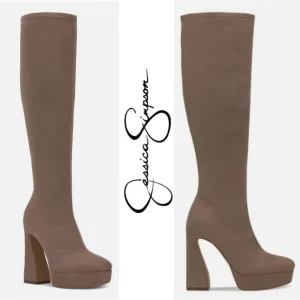 JESSICA SIMPSON DANIYAH MICROSUEDE KNEE HIGH PLATFORM BOOTS IN PORCINI **NWT**