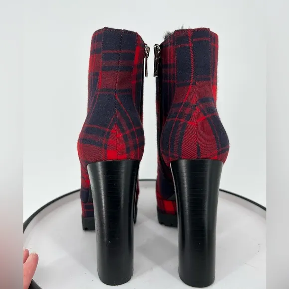 JESSICA SIMPSON RED BLACK BEDAZZLED PLAID PLATFORM BOOTS FAUX FUR