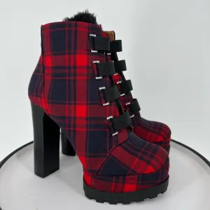 JESSICA SIMPSON RED BLACK BEDAZZLED PLAID PLATFORM BOOTS FAUX FUR