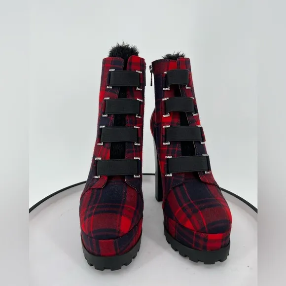 JESSICA SIMPSON RED BLACK BEDAZZLED PLAID PLATFORM BOOTS FAUX FUR