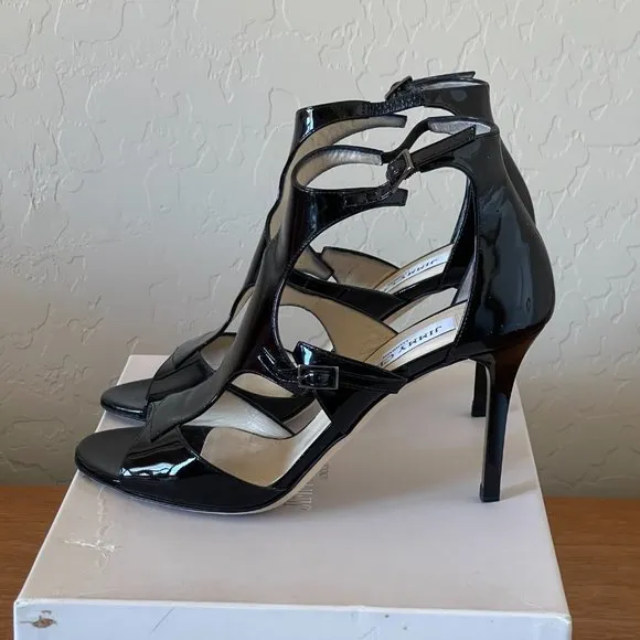 Jimmy Choo Heels 36 6 Lotus Black Patent Leather Cut Out Ankle Strap Shoes EUC