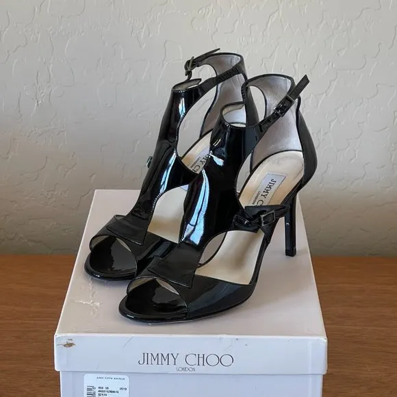 Jimmy Choo Heels 36 6 Lotus Black Patent Leather Cut Out Ankle Strap Shoes EUC