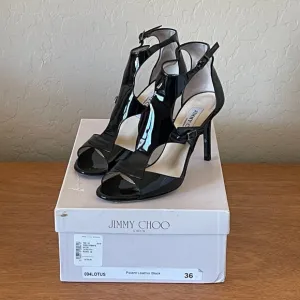 Jimmy Choo Heels 36 6 Lotus Black Patent Leather Cut Out Ankle Strap Shoes EUC