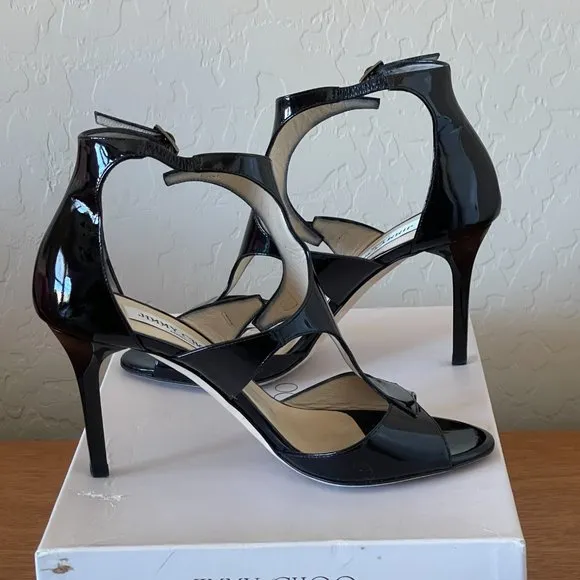 Jimmy Choo Heels 36 6 Lotus Black Patent Leather Cut Out Ankle Strap Shoes EUC