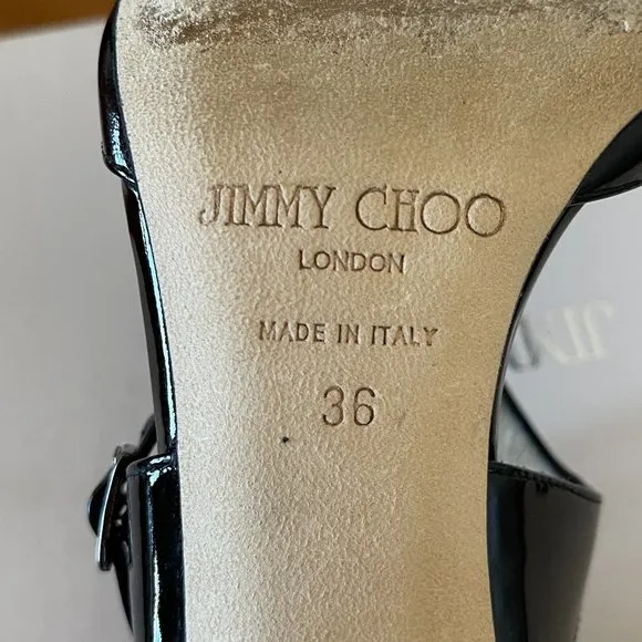 Jimmy Choo Heels 36 6 Lotus Black Patent Leather Cut Out Ankle Strap Shoes EUC