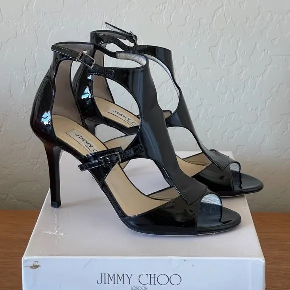 Jimmy Choo Heels 36 6 Lotus Black Patent Leather Cut Out Ankle Strap Shoes EUC
