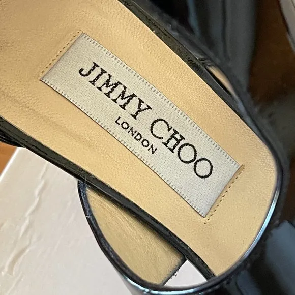 Jimmy Choo Heels 36 6 Lotus Black Patent Leather Cut Out Ankle Strap Shoes EUC