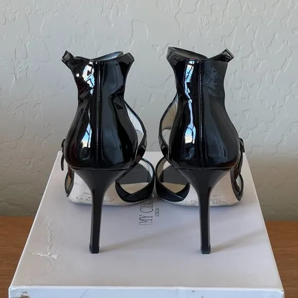 Jimmy Choo Heels 36 6 Lotus Black Patent Leather Cut Out Ankle Strap Shoes EUC