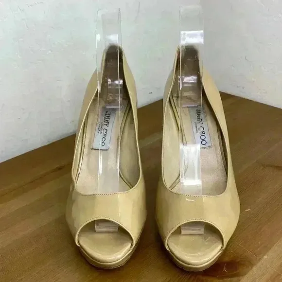 Jimmy Choo Nude Patent Leather 247 Crown Peep Toe Size Italy 38 1/2 US 8.5