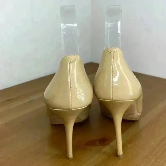 Jimmy Choo Nude Patent Leather 247 Crown Peep Toe Size Italy 38 1/2 US 8.5