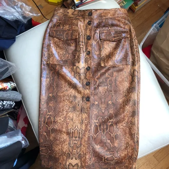J.O.A. Faux brown snake front button midi