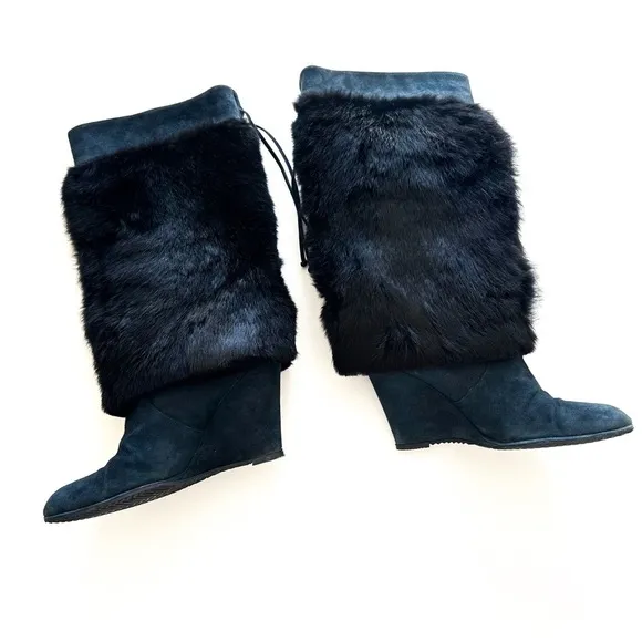 John Richmond Blue Suede Fur Wedge Boots with RICH Embellishments 39