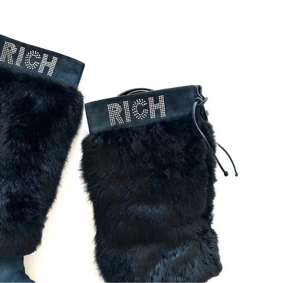 John Richmond Blue Suede Fur Wedge Boots with RICH Embellishments 39
