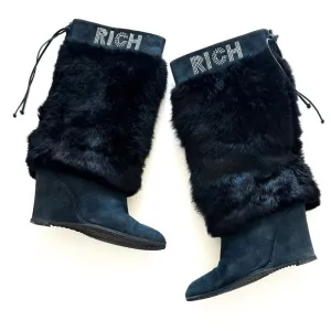 John Richmond Blue Suede Fur Wedge Boots with RICH Embellishments 39