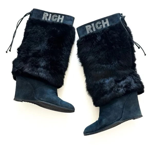 John Richmond Blue Suede Fur Wedge Boots with RICH Embellishments 39