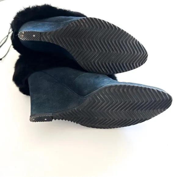 John Richmond Blue Suede Fur Wedge Boots with RICH Embellishments 39