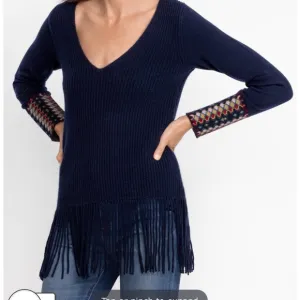 Johnny Was Isadora Navy Fringe Sweater Tunic
