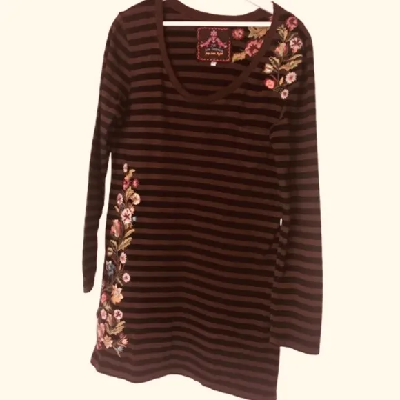Johnny Was JW Los Angeles Striped Embroidered T-Shirt Dress