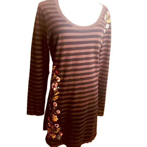 Johnny Was JW Los Angeles Striped Embroidered T-Shirt Dress