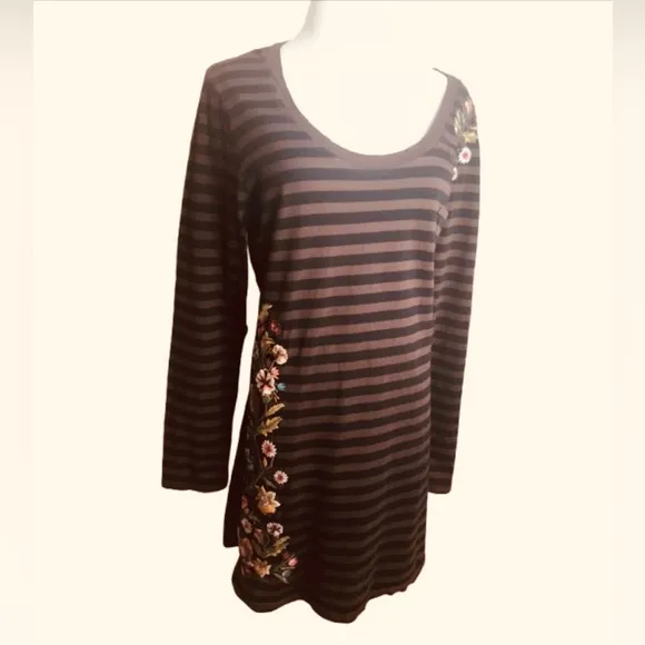 Johnny Was JW Los Angeles Striped Embroidered T-Shirt Dress