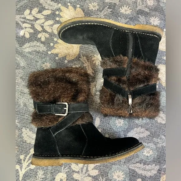 Johnston &amp; Murphy Faux Fur Black Suede flat buckled side zip boots