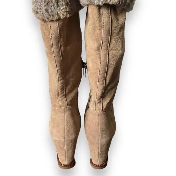 Johnston &amp; Murphy Light Sand Suede Fur Trim Wedge Heel Tall Boots 9