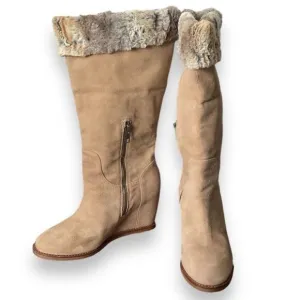Johnston &amp; Murphy Light Sand Suede Fur Trim Wedge Heel Tall Boots 9