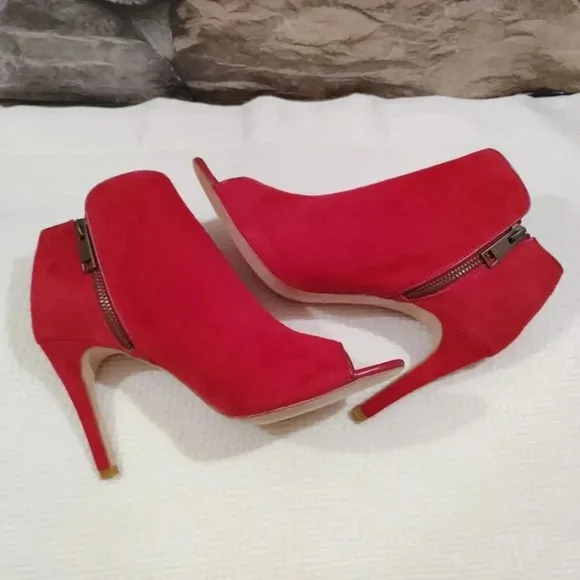 Joie Gwen Bootie Chili Red Suede Genuine Full Leather Peekaboo Heels US 7 EU 38