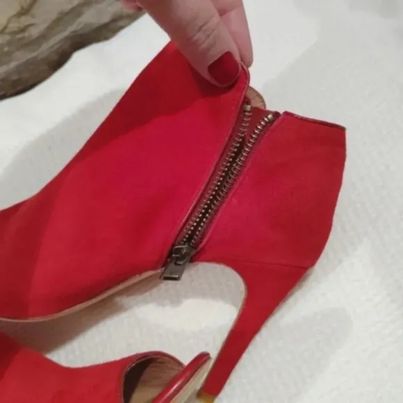Joie Gwen Bootie Chili Red Suede Genuine Full Leather Peekaboo Heels US 7 EU 38