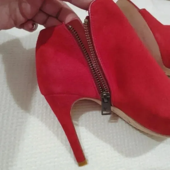 Joie Gwen Bootie Chili Red Suede Genuine Full Leather Peekaboo Heels US 7 EU 38