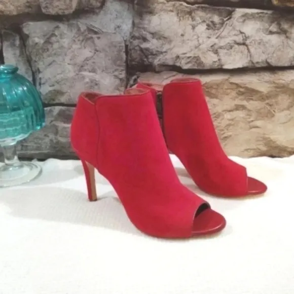 Joie Gwen Bootie Chili Red Suede Genuine Full Leather Peekaboo Heels US 7 EU 38