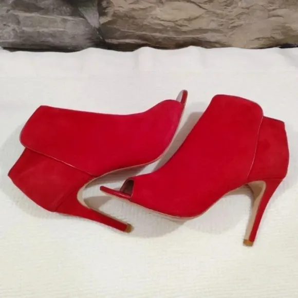 Joie Gwen Bootie Chili Red Suede Genuine Full Leather Peekaboo Heels US 7 EU 38