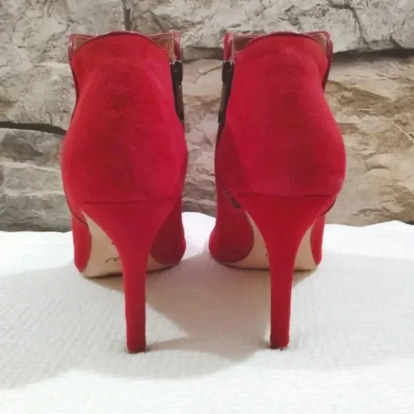 Joie Gwen Bootie Chili Red Suede Genuine Full Leather Peekaboo Heels US 7 EU 38