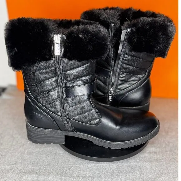 JONES NEW YORK Black Faux Fur Silver Buckles Zip Boots Size 9.5