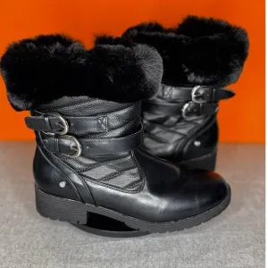 JONES NEW YORK Black Faux Fur Silver Buckles Zip Boots Size 9.5