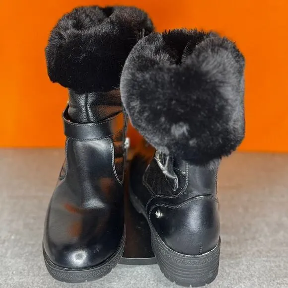JONES NEW YORK Black Faux Fur Silver Buckles Zip Boots Size 9.5