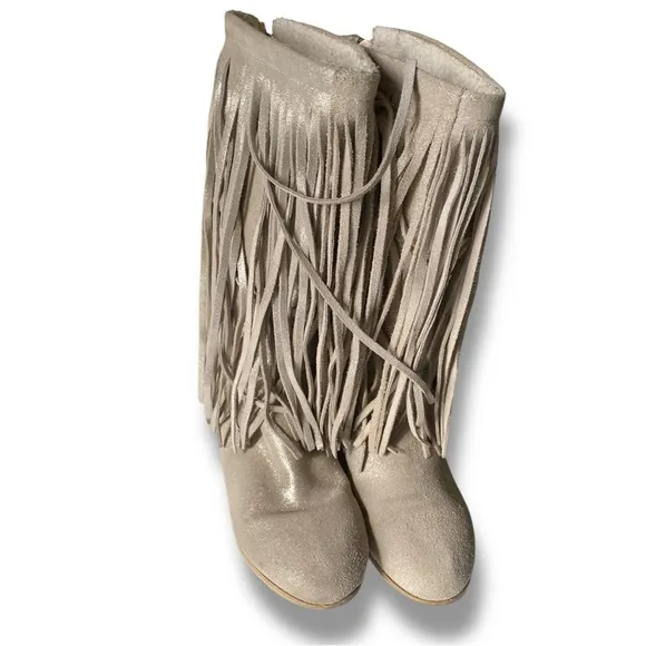 Joyfolie Willowbark Fringe Kids Knee-High Boots Suede Faux Fur Lining