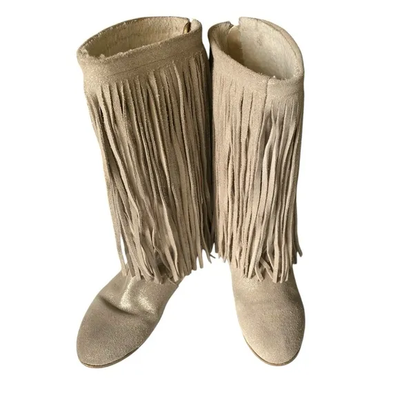 Joyfolie Willowbark Fringe Kids Knee-High Boots Suede Faux Fur Lining