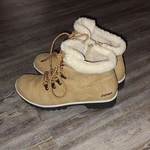 Jsport bluestone tan ankle boots faux fur lining Sz 7  EUC