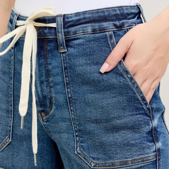 Judy Blue High-Rise Drawstring Waist Relaxed Fit Retro Denim Cuffed Jean Shorts