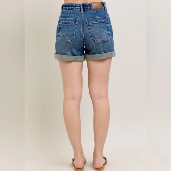 Judy Blue High-Rise Drawstring Waist Relaxed Fit Retro Denim Cuffed Jean Shorts